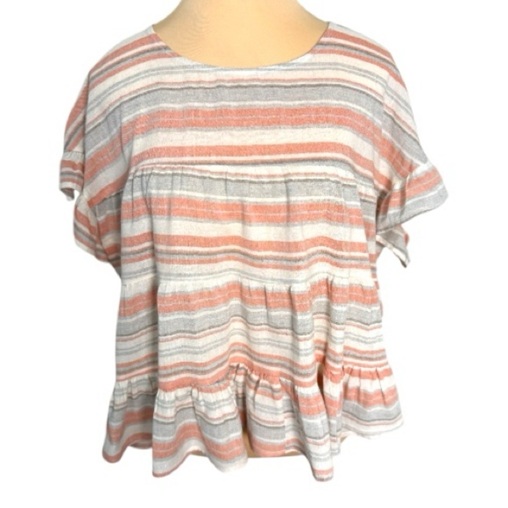 Altar’d State Peach Gray Cream Striped Peplum Flutter Sleeve Top Large